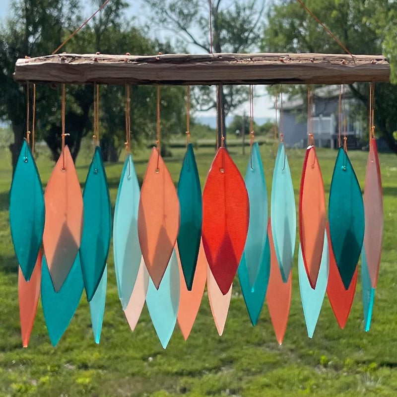 Gift Essentials Blue Handworks Coral and Teal Glass & Driftwood Chime, Sandblasted Glass and Found Wood Handcrafted Wind Chime - Image 5